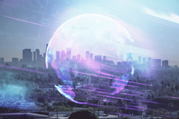 Double exposure of technology theme hologram and cityscape background. Concept of Hightech.
