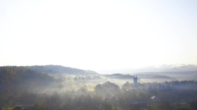 Drone view of beautiful Breb village in sunrise.