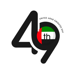 Black 49th Number With National Flag Label Or Sticker On White Background For United Arab Emirates Day.