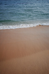 Fototapeta na wymiar 젖은 모래와 잔잔한 파도가 치는 바다의 풍경