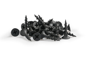 Some self tapping black coated screws for wood, flat head screws in high resolution macro close up isolated on white background.