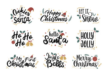 Merry Christmas Design. Set of hand drawn vector quotes. Merry Christmas text quote collection.  Quote aboun winter and Christmas. Calligraphy lettering design for holiday season.