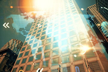 Naklejka na ściany i meble Map and data theme hologram on city view with skyscrapers background double exposure. International technology in business concept.