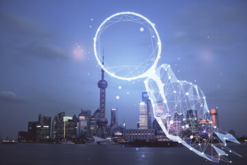 Double exposure of start up theme drawings over cityscape background. Concept of success.