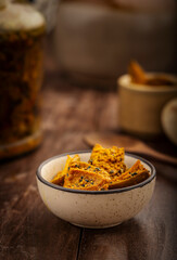 Homemade raw mango pickle, mango pickle is a traditional Indian condiment made with raw mangoes, spices and oil.