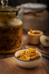 Homemade raw mango pickle, mango pickle is a traditional Indian condiment made with raw mangoes, spices and oil.