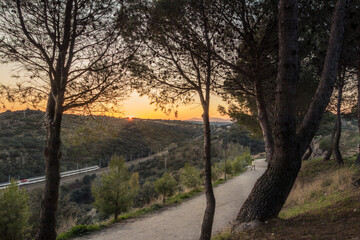 Atardecer sobre un paseo en Torrelodones con tren al fondo