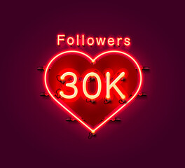 Thank you followers peoples, 30k online social group, neon happy banner celebrate, Vector