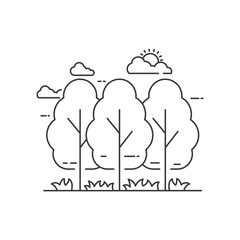 Simple forest vector illustration with black line design isolated on white background. Forest linear icon 