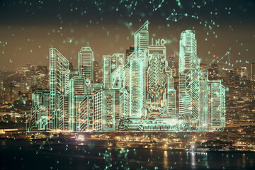 Double exposure of buildings hologram over cityscape background. Concept of smart city.