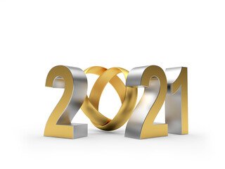 Number 2021 with two gold wedding rings isolated on white background. 3d illustration