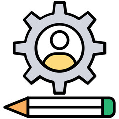 
An avatar man inside gear and a pencil symbolising content writing concept 
