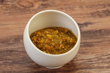 Green spicy sauce in the bowl
