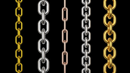 Vertical chains from various metals isolated on a black background. 3d illustration