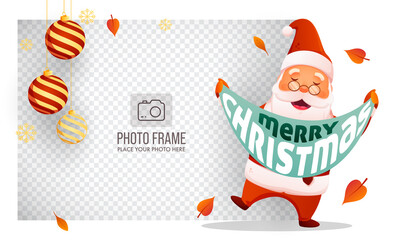 Cheerful Santa Claus Holding A Message Ribbon Of Merry Christmas With Hanging Baubles And Given Space For Image On Png Background.