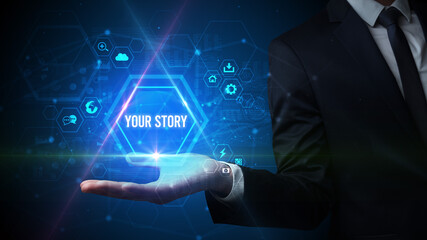 Man hand holding YOUR STORY inscription, social media concept
