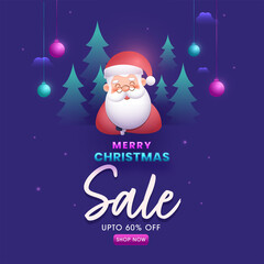 Fototapeta na wymiar UP TO 60% Off For Merry Christmas Sale Poster Design With Cartoon Santa Claus, Hanging Baubles And Xmas Trees.