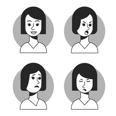 Woman face with different expressions in front view. Vector illustrations