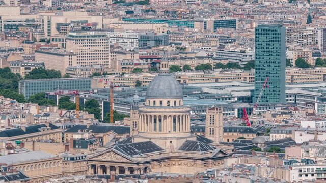 Top view of Paris skyline from above timelapse. Main landmarks of european megapolis with Pantheon. Bird-eye view from observation deck of Montparnasse tower. Paris, France