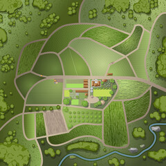 Vector illustration. Green farm in the landscape. (top view)  