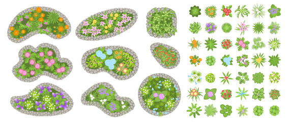 Vector set. Flowers and flower beds. Top view. Collection of different flowers for architectural and landscape design. (View from above) Nature green spaces.