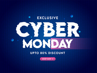 Sale Poster Design with 80% Discount Offer and Glitch Style Cyber Monday Text on Blue Binary Code Background.