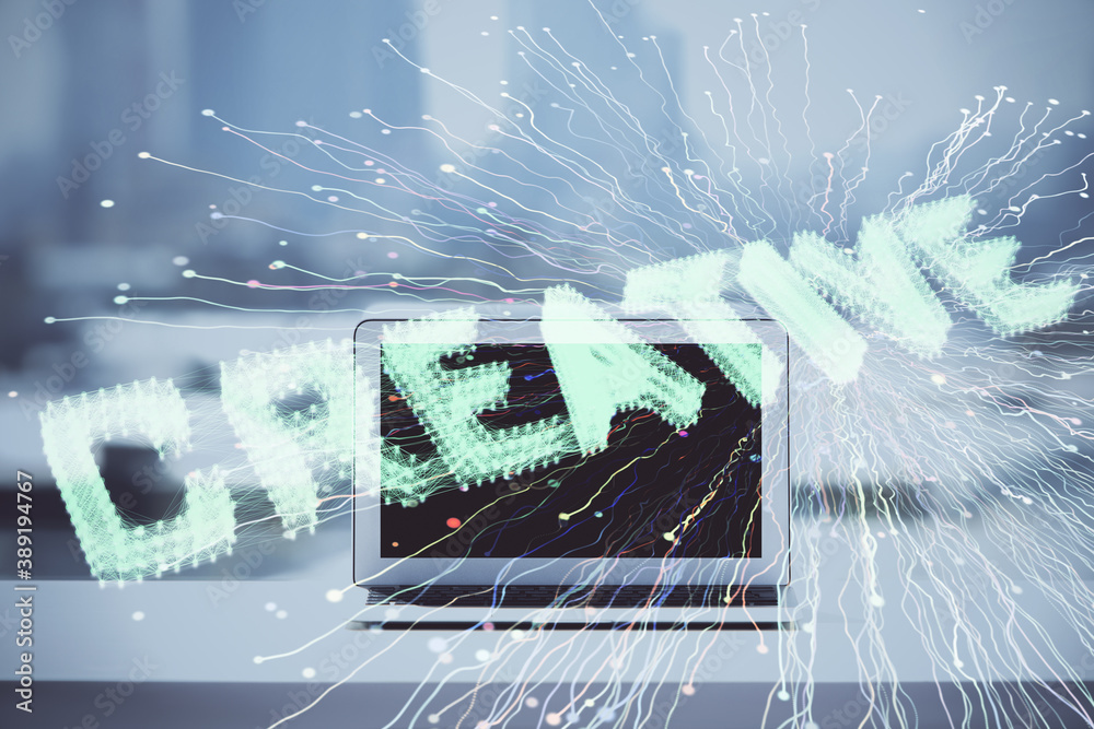 Poster Desktop computer background in office and start up theme hologram drawing. Double exposure. Startup concept.