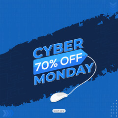 Cyber Monday Text with 70% Off Tag, Realistic Mouse on Blue Binary Code and Circuit Board Background for Sale.