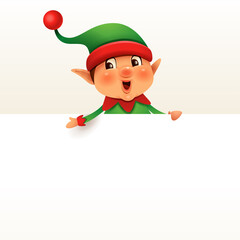 Little Elf with big blank signboard. Wide empty space for design.