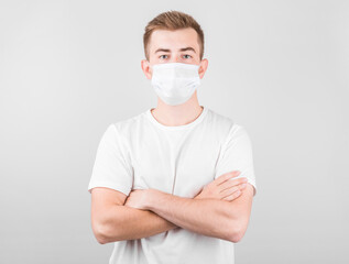 Man wearing hygienic mask to prevent infection, airborne respiratory illness such as flu, 2019-nCoV. indoor isolated on white background