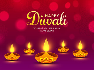Red and Purple Bokeh Background Decorated with Lit Oil Lamps (Diya) for Happy Diwali Celebration.