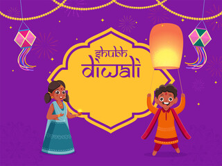 Cheerful Kids Enjoying or Celebrating Festival Of Shubh (Happy) Diwali on Violet Background.