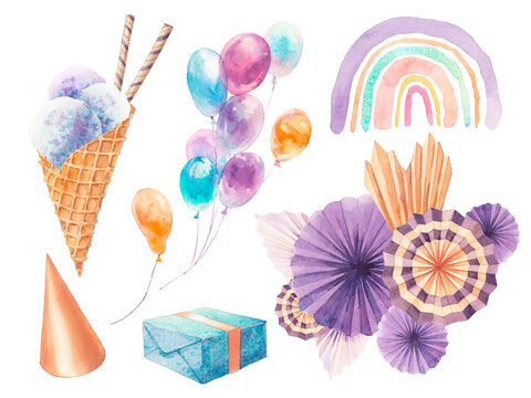 Watercolor illustration with party elements. Hand painted objects isolated on white background. Air balloons, present box, cone hat, paper decor, ice cream, rainbow