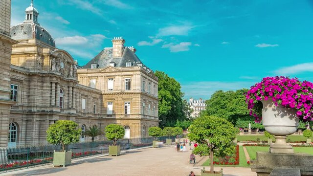 Luxembourg Palace and park timelapse hyperlapse in Paris, the Jardin du Luxembourg, one of the most beautiful gardens in Paris. France.