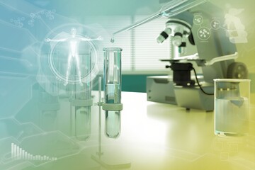 biotechnology study texture or background - proofs and microscope in office - colorful conceptual medical 3D illustration