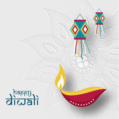 Happy Diwali Text with Illuminated Oil Lamp (Diya) and Hanging Lanterns (Kandeel) on White Line Art Mandala Pattern Background.