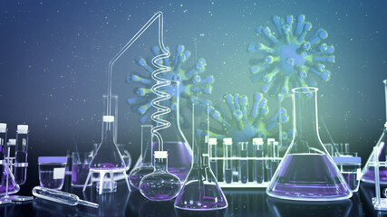 Coronavirus COVID-19 vaccine background, lab proofs on virus backdrop - chemical concept, medical 3D illustration
