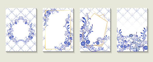 Set of Wedding invitation card in Russian ornamental traditional painting art style gzhel. Blue flowers leaves and whorls, exquisite folk ethnic design. Flyer collection.