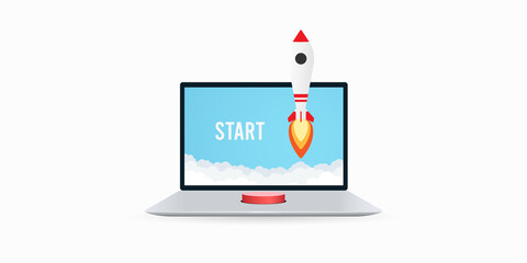 Rocket takes off from laptop. Vector illustration