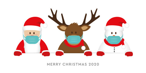 Fototapeta na wymiar corona virus christmas 2020 design with cute deer santa claus and snowman cartoon vector illustration EPS10