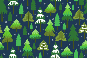 .Hand-drawn winter coniferous forest. Seamless vector pattern. Christmas design. Landscape in a cartoon style.