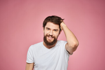 Fototapeta premium cute bearded men white t-shirt studio pink isolated background