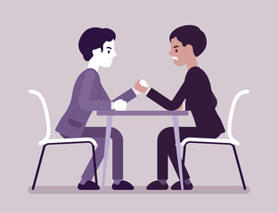 Arm wrestling between two business opponents, businessmen in competition. Strategy to achieve and sustain competitive success, industry professionals battle. Vector creative stylized illustration
