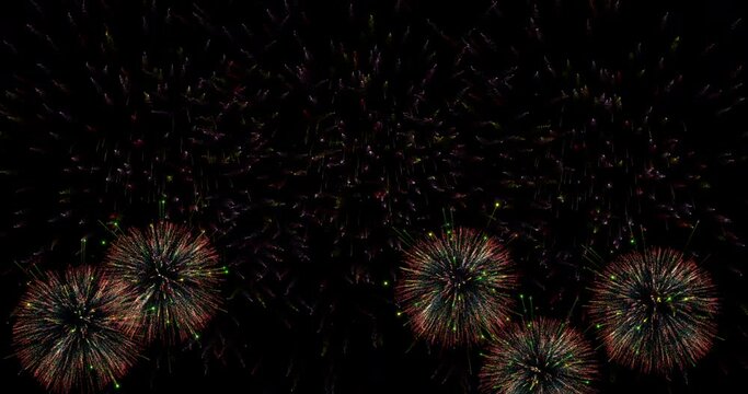 Realistic 3D illustration colorful rainbow firework pyrotechnic night dark sky smoke on isolated black background wallpaper use celebrate happy new year countdown festival anniversary birthday party