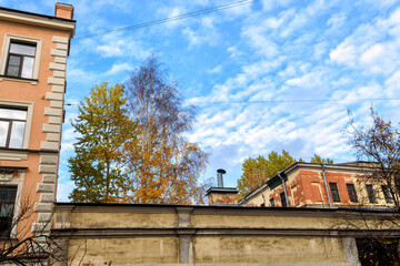 Old residential area in the center of Saint Petersburg, Russia. Yellow buildings with gray old bricks. Historical urban landscape with autumn trees for collage art.