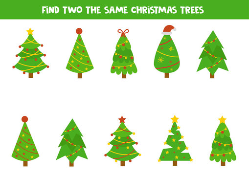 Find two the same Christmas fir trees. Logical worksheet.