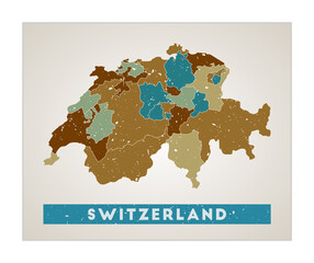 Switzerland map. Country poster with regions. Old grunge texture. Shape of Switzerland with country name. Creative vector illustration.