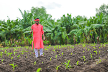 Young indian farmer in traditional wear and holding wooden stick in hand at banana field