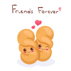 Cute stock vector illustration with Wheat Bread Loafs. Kawaii happy smiling bakery characters isolated on white with lettering. Funny food doodle. Use for t-shirt print, kids menu design, post card.