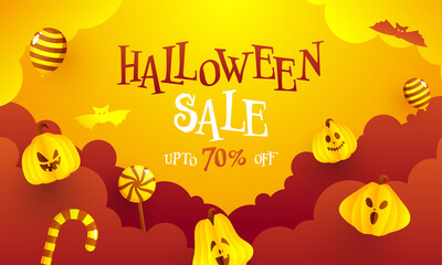 Halloween Sale Banner Design with 70% Discount Offer, Paper Jack-O-Lanterns, Balloons, Candies on Clouds Gradient Red and Yellow Background.